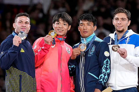 Medal ceremony for men's -66kg event in team judo competition 